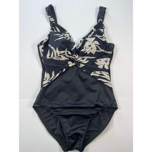 MAGICSUIT Floral Crossed 1 Piece Swimsuit Black and Ivory Size US 12 Slimming - Picture 1 of 9